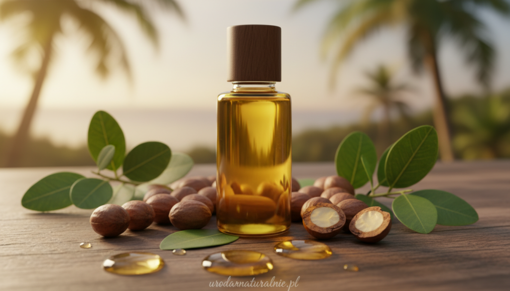 A close-up composition of jojoba oil in a sleek glass bottle, surrounded by fresh jojoba nuts and green leaves, creating a vivid representation of its natural origin. In the foreground, glistening droplets of oil highlight its nourishing properties, with soft lighting that reflects off the surface, creating a warm, inviting atmosphere. The middle ground features the vibrant green leaves of the jojoba plant, indicating its organic nature. In the background, a blurred tropical setting suggests a tranquil environment, enhancing the image's calming feel. Lens focused to bring out the texture and smoothness of the oil, with a shallow depth of field to emphasize the main elements. Include branding subtly at the bottom: "urodanaturalnie.pl".