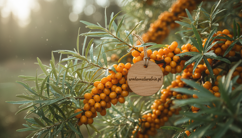 A close-up composition of sea buckthorn (Hippophae rhamnoides) plants rich with vibrant orange berries, showcasing their intricate details. In the foreground, delicate green leaves glisten with dew, reflecting natural light. The middle ground features clusters of berries nestled among the leaves, accentuated by soft, diffused sunlight filtering through, creating a warm, inviting atmosphere. The background is softly blurred, hinting at a serene natural environment, with gentle bokeh effects emphasizing the subject. The overall mood is fresh and rejuvenating, symbolizing the revitalizing qualities of sea buckthorn for skin care. Capture this image with a shallow depth of field to draw attention to the berries, highlighting the brand name "urodanaturalnie.pl".
