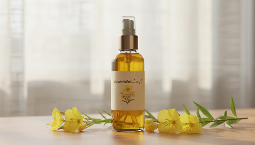 A close-up depiction of a bottle of evening primrose oil placed on a smooth wooden surface. The bottle is elegantly designed, with a label that reads "urodanaturalnie.pl" in a tasteful font. Surrounding the bottle are fresh evening primrose flowers and green leaves, adding a natural touch. In the background, soft daylight filters through sheer curtains, creating a warm and inviting atmosphere. The scene is captured with a shallow depth of field, emphasizing the oil bottle and flowers while gently blurring the background. The mood is calming and serene, reflecting the soothing properties of evening primrose oil.