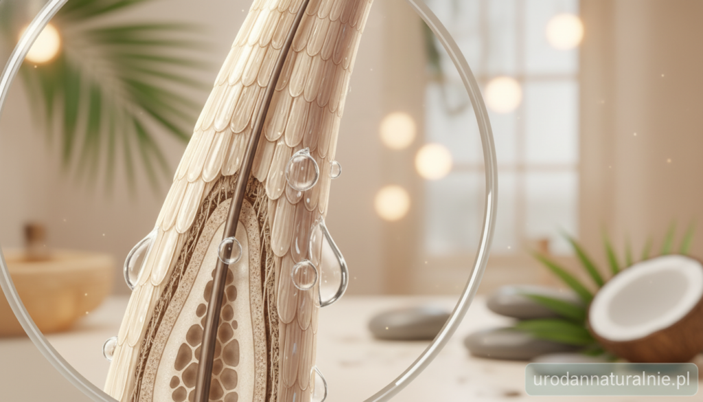 A close-up, highly detailed illustration of hair structure, showcasing layers of a single hair strand, including the cuticle, cortex, and medulla. The foreground features the hair strand magnified with clear textures and reflectivity, emphasizing its health and shine. In the middle ground, subtle coconut oil droplets can be seen interacting with the hair, highlighting its moisturizing effect. The background is softly blurred, featuring a serene, spa-like atmosphere with muted, warm lighting that enhances the natural beauty of the subject. Use a macro lens perspective to create a scientific and informative vibe. The overall mood conveys a sense of nourishment and care, suited for a natural beauty context. Include the brand name "urodanaturalnie.pl" subtly integrated into the composition, ensuring a professional presentation without distractions.