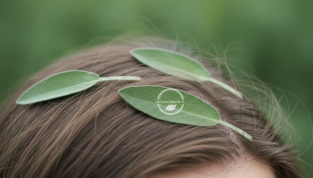 A close-up image of a healthy scalp, showcasing fine hair texture and a natural shine, ideally suited for an article on sage treatments for oily hair. In the foreground, focus on strands of hair gently falling around the scalp, illuminated by soft, natural light that highlights skin texture and moisture. In the middle ground, incorporate fresh sage leaves artistically arranged to suggest the treatment's herbal nature. The background should be softly blurred greenery to create an engaging, calming atmosphere, evoking a sense of natural remedy and wellness. Use a shallow depth of field to accentuate the scalp and sage, enhancing the overall serene mood. Include subtle branding elements associated with urodanaturalnie.pl.