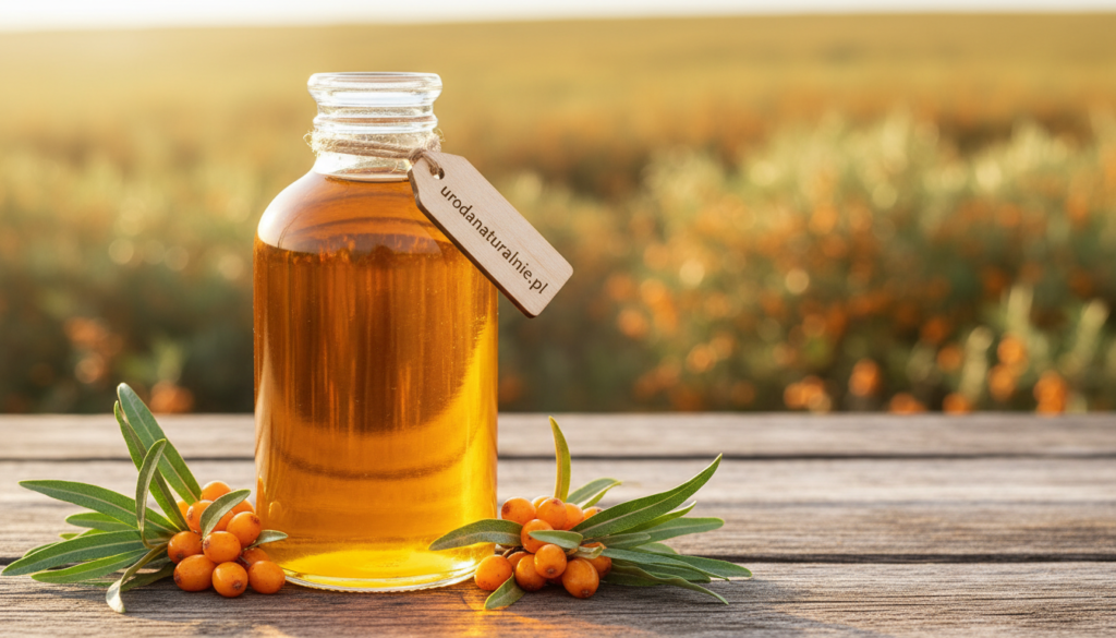 A close-up image of sea buckthorn oil, showcasing its vibrant amber color and rich texture. In the foreground, display a clear glass bottle filled with the oil, reflecting light and showcasing the oil’s viscosity. Surround the bottle with fresh sea buckthorn berries and green leaves to signify its natural origins. In the middle ground, set a rustic wooden table to enhance the organic feel, while softly blurred background elements include a serene landscape of sea buckthorn bushes basking in warm, golden sunlight. The atmosphere should evoke a sense of purity and vitality, emphasizing the natural benefits of sea buckthorn for skin care. The brand name "urodanaturalnie.pl" is subtly integrated into the scene.