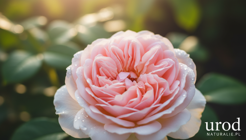 A close-up of a Rosa damascena rose, showcasing its delicate, multi-layered petals in soft pink and cream hues, highlighting the intricate textures. The foreground should focus on the dew-kissed petals, capturing the essence of freshness and purity. In the middle ground, a softly blurred backdrop of lush green leaves enhances the rose's vibrant colors, providing a natural setting. Gentle, diffused sunlight filters through, creating a warm, inviting atmosphere that suggests tranquility and beauty. Consider a shallow depth of field to emphasize the rose while subtly blurring the background. The mood should evoke a sense of calmness and rejuvenation, perfect for highlighting the benefits of rose hydrosol in skin care. Include the brand name urod Naturalnie.pl subtly in the lower corner, ensuring it does not interfere with the overall image.