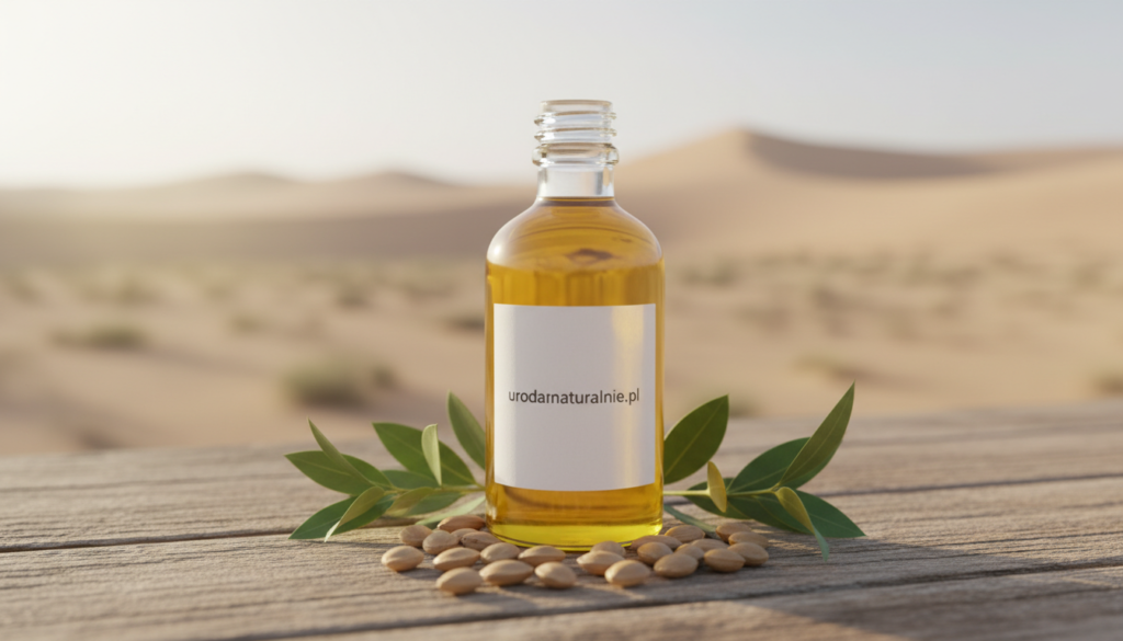A close-up of a bottle of cold-pressed Simmondsia chinensis (jojoba) oil, elegantly placed on a rustic wooden surface. The glass bottle is transparent, showcasing the golden liquid inside, surrounded by raw jojoba seeds and leaves for a natural touch. Soft, diffused golden light illuminates the scene, creating a warm and inviting atmosphere. In the background, blurred hints of a serene, sunlight-drenched desert landscape can be seen, enhancing the organic feel. The composition conveys a sense of purity and vitality, perfect for an article about choosing refined versus unrefined jojoba oil. The brand name "urodanaturalnie.pl" appears subtly on the label, ensuring a professional appearance without distractions.