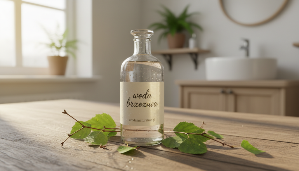 A close-up of a glass bottle labeled "woda brzozowa" on a rustic wooden table, surrounded by fresh birch leaves and delicate twigs. The light is soft and warm, filtering through a nearby window, casting gentle shadows and creating a serene atmosphere. In the background, a blurred view of a cozy, well-lit bathroom with natural elements, like plants or wooden accents, enhancing the calming vibe. The scene is inviting and suggests a natural, healthy lifestyle. The bottle's label features the brand name "urodanaturalnie.pl" elegantly designed, harmonizing with the organic feel of the image. The focus should be clear, with an emphasis on the texture of the leaves and droplets of water on the bottle.