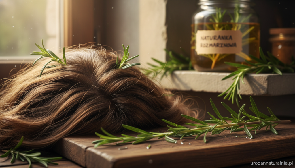 A close-up of a healthy scalp surrounded by fresh rosemary sprigs, showcasing the natural beauty of hair and skin. In the foreground, a few sprigs of rosemary are gently placed on a wooden surface, their green hues vibrant against a soft, diffused light. The middle ground captures the scalp's texture, displaying fine hair follicles, glistening with moisture to highlight vitality. In the background, a blurred jar of rosemary-infused hair rinse elegantly sits, hinting at holistic hair care. The atmosphere is serene and earthy, evoking a sense of natural wellness. The image is illuminated with warm, soft lighting, creating a calming and inviting ambiance. Ideal for urodanaturalnie.pl, this visual encapsulates the essence of rosemary's benefits for the scalp and hair.