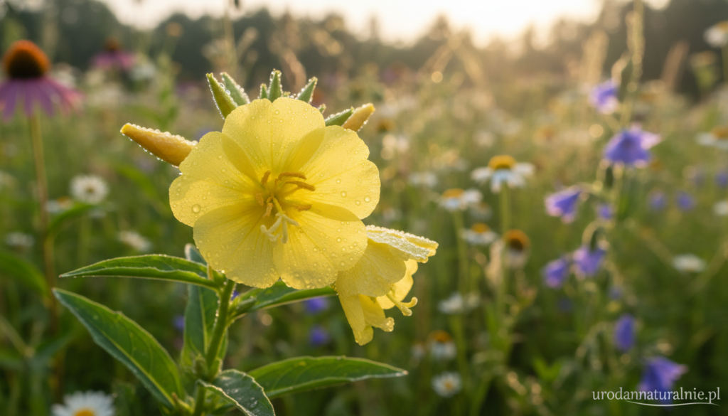 A close-up of a vibrant evening primrose (Oenothera biennis) flower, showcasing its delicate yellow petals and lush green leaves, positioned prominently in the foreground. The petals glisten with dew drops, reflecting gentle morning light, creating a serene and peaceful atmosphere. In the background, soft-focus elements include a blurred landscape of a lush garden filled with other wildflowers, conveying a sense of natural beauty and tranquility. The lighting should be warm and inviting, resembling the golden hour. The image should evoke a sense of health and wellness, associated with women's skincare and health. The brand name "urodanaturalnie.pl" subtly integrated into the scene as a small, discreet logo in the corner, maintaining a neat and professional look.