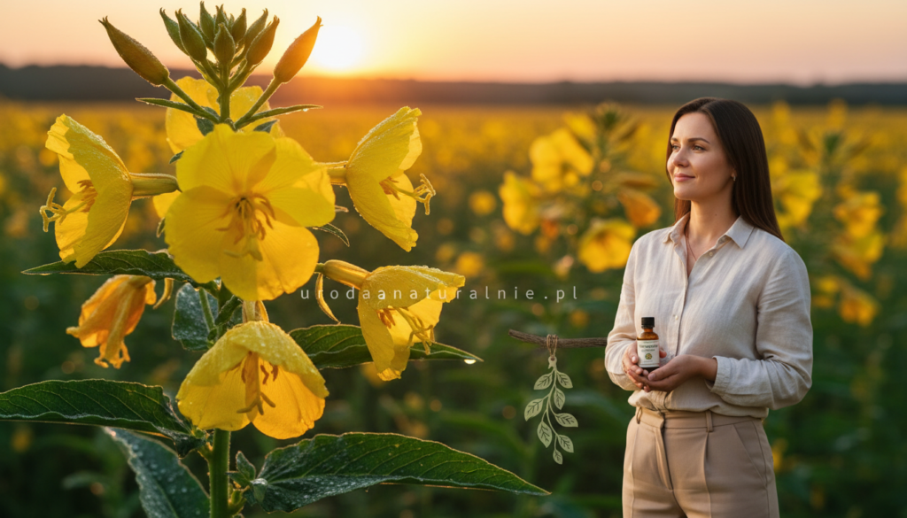A close-up of a vibrant evening primrose plant, also known as wiesiołek, with vivid yellow flowers prominently in the foreground, symbolizing health and vitality. The plant is set against a softly blurred background of a serene Polish landscape during the golden hour, with warm sunlight filtering through gentle leaves. Include subtle textures of the plant's broad green leaves, highlighting the dew drops for a fresh look. A woman dressed in professional casual attire, enjoying the outdoors and holding a small bottle of evening primrose oil, adds a human element, reflecting trust in natural remedies. The atmosphere is calm and hopeful, conveying a sense of wellness and renewal. The brand name "urodanaturalnie.pl" should be subtly represented through a decorative element in the composition without text or overt branding.