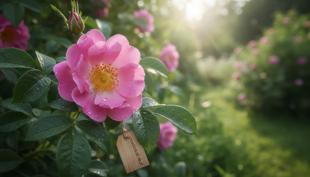 A close-up of a vibrant, wild rose (dzika róża) in full bloom, showcasing its delicate pink petals and lush green leaves, set against a softly blurred natural backdrop. The foreground features the intricate details of the flower, emphasizing the texture and vibrant colors that represent the essence of natural skincare. In the middle ground, a serene, sunlit garden scene adds depth, with gentle sunlight filtering through the leaves, creating a warm and inviting atmosphere. The image conveys a sense of tranquility and the healing properties of nature, specifically for sensitive and redness-prone skin. Artistic lighting enhances the overall appearance, imbuing the scene with a soft, ethereal glow. Include the branding "urodanaturalnie.pl" subtly integrated into the composition without any text overlays.