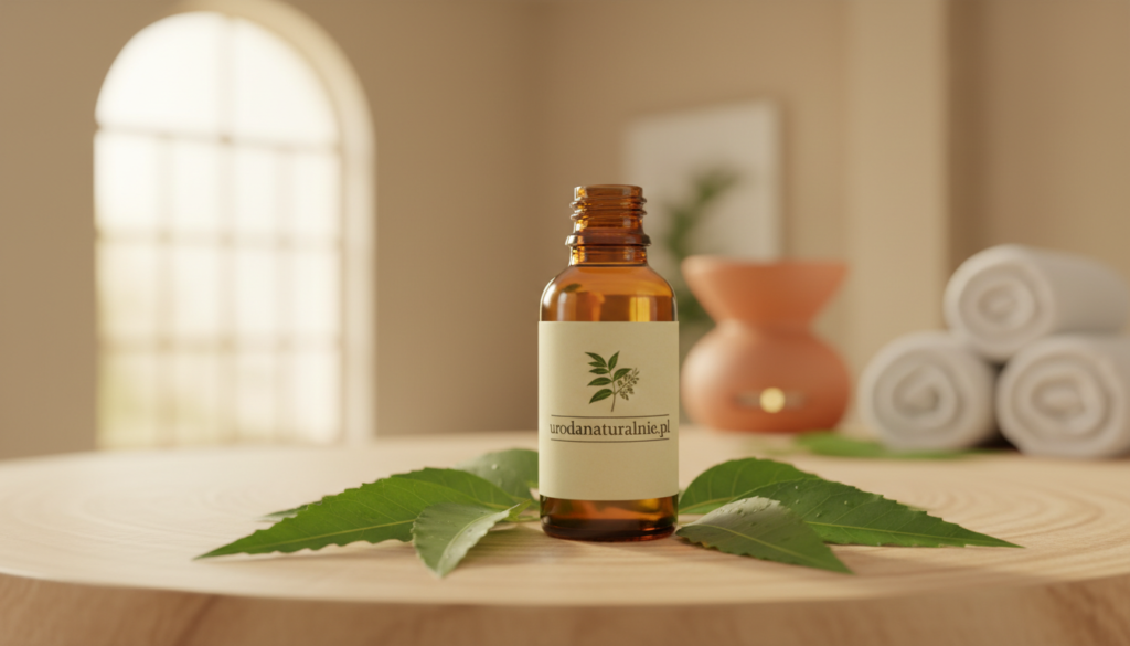 A close-up shot of a small glass bottle containing neem oil, elegantly labeled with "urodanaturalnie.pl". The bottle is set on a smooth wooden surface, with a few neem leaves artistically placed around it. In the foreground, capture the vibrant green of the neem leaves, showcasing their texture and freshness. The middle layer features the bottle with soft focus, while the background includes a softly lit spa environment with warm, natural light filtering through a nearby window, creating a serene atmosphere. Use a shallow depth of field to emphasize the oil bottle and leaves, evoking a sense of tranquility and purity, ideal for skincare applications like acne treatment, eczema, and psoriasis care. A close-up shot of a small glass bottle containing neem oil, elegantly labeled with "urodanaturalnie.pl". The bottle is set on a smooth wooden surface, with a few neem leaves artistically placed around it. In the foreground, capture the vibrant green of the neem leaves, showcasing their texture and freshness. The middle layer features the bottle with soft focus, while the background includes a softly lit spa environment with warm, natural light filtering through a nearby window, creating a serene atmosphere. Use a shallow depth of field to emphasize the oil bottle and leaves, evoking a sense of tranquility and purity, ideal for skincare applications like acne treatment, eczema, and psoriasis care.