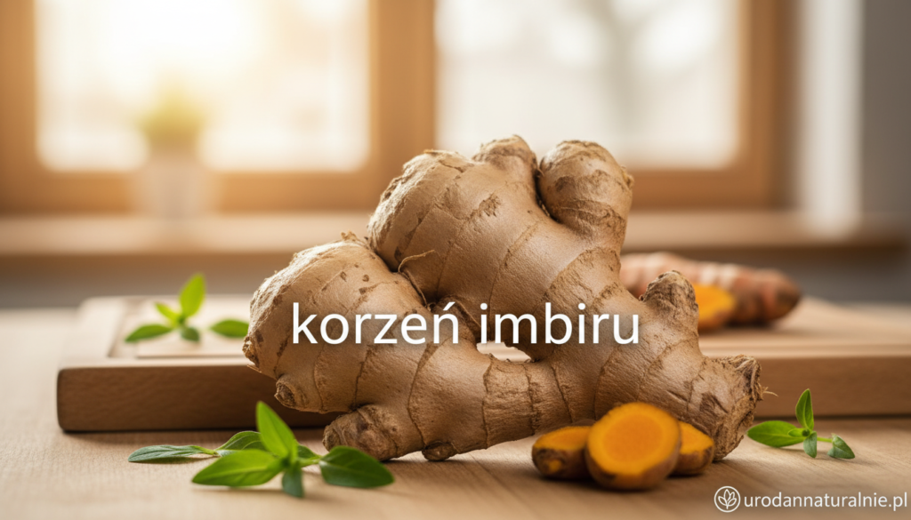 A close-up view of a fresh ginger root ("korzeń imbiru") displayed prominently in the foreground. The ginger is textured, with its knobby, irregular surface and light brown skin showing earthy tones. Surrounding it are scattered green leaves and a touch of fresh turmeric, adding color and context. In the middle ground, a softly blurred wooden cutting board suggests a kitchen environment, while the background features warm, natural light filtering through a window, creating a cozy atmosphere. The overall mood is vibrant and inviting, perfect for highlighting the benefits of ginger in diet and skin care. This image is intended for urodanaturalnie.pl.