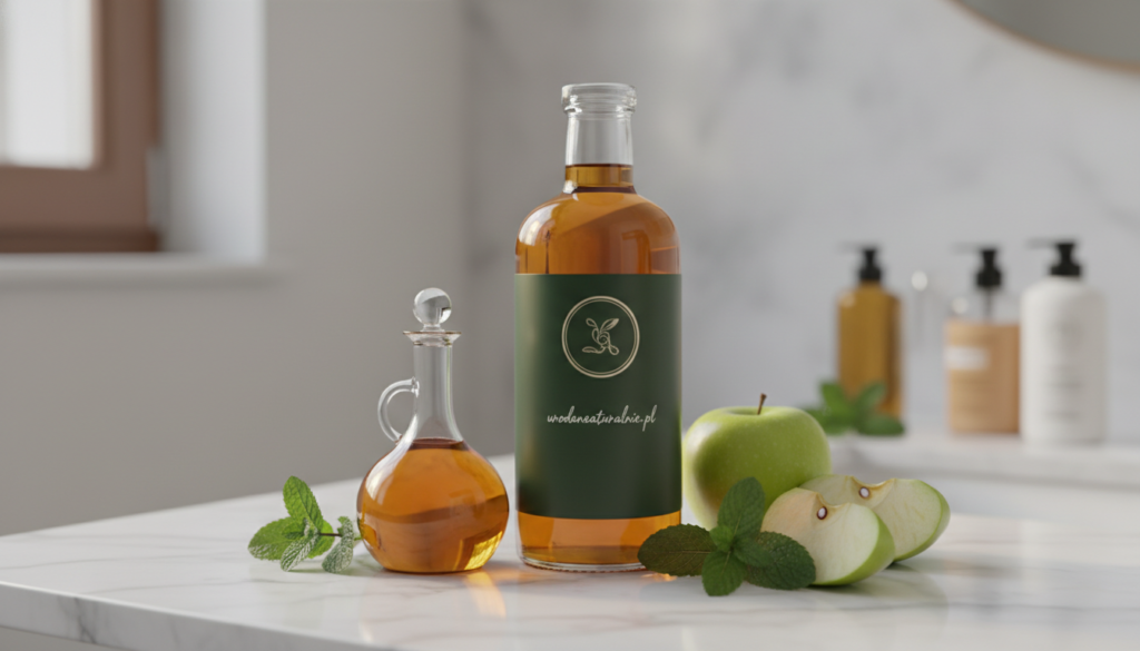 A close-up view of a glossy apple cider vinegar bottle, elegantly placed in a well-lit bathroom setting. In the foreground, a glistening glass vial reflects the soft, warm light, showcasing the rich golden-brown color of the vinegar. Surrounding the bottle are fresh green apple slices and sprigs of mint, adding vibrancy to the scene. In the background, blurred silhouettes of hair care products create a relaxing atmosphere, emphasizing self-care. The overall mood is serene and inviting, hinting at a natural beauty regimen. A stylish label displays the brand name "urodanaturalnie.pl". The focus is sharp, with a depth-of-field effect that enhances the centerpiece, making it suitable for a health and beauty article. A close-up view of a glossy apple cider vinegar bottle, elegantly placed in a well-lit bathroom setting. In the foreground, a glistening glass vial reflects the soft, warm light, showcasing the rich golden-brown color of the vinegar. Surrounding the bottle are fresh green apple slices and sprigs of mint, adding vibrancy to the scene. In the background, blurred silhouettes of hair care products create a relaxing atmosphere, emphasizing self-care. The overall mood is serene and inviting, hinting at a natural beauty regimen. A stylish label displays the brand name "urodanaturalnie.pl". The focus is sharp, with a depth-of-field effect that enhances the centerpiece, making it suitable for a health and beauty article.