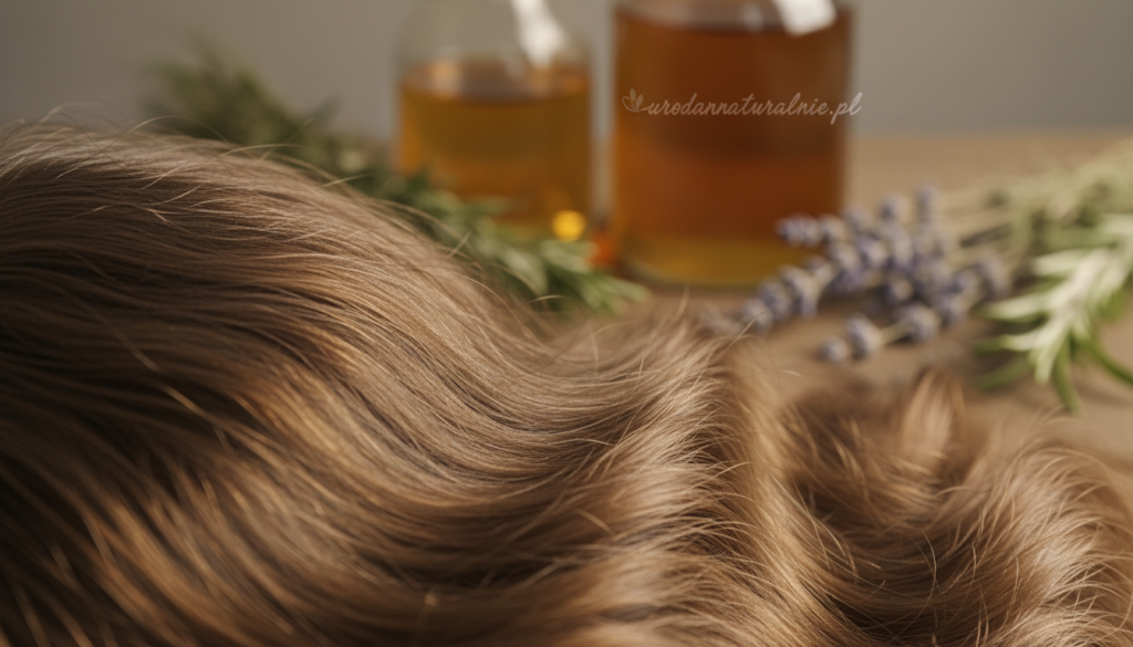 A close-up view of a healthy scalp, showcasing fine details like hair follicles and skin texture to emphasize the natural beauty of the scalp. The foreground features a gentle cascade of hair flowing down, highlighting its shine and softness. In the background, softly blurred elements of apple cider vinegar bottles and herbs, symbolizing natural hair care, create a tranquil atmosphere. The lighting is warm and soft, enhancing the natural colors and textures, while a shallow depth of field directs focus toward the scalp. The entire scene conveys a sense of calm and wellness, reflecting the benefits of apple cider vinegar for scalp health. Include the brand name "urodanaturalnie.pl" subtly integrated into the environment. A close-up view of a healthy scalp, showcasing fine details like hair follicles and skin texture to emphasize the natural beauty of the scalp. The foreground features a gentle cascade of hair flowing down, highlighting its shine and softness. In the background, softly blurred elements of apple cider vinegar bottles and herbs, symbolizing natural hair care, create a tranquil atmosphere. The lighting is warm and soft, enhancing the natural colors and textures, while a shallow depth of field directs focus toward the scalp. The entire scene conveys a sense of calm and wellness, reflecting the benefits of apple cider vinegar for scalp health. Include the brand name "urodanaturalnie.pl" subtly integrated into the environment.