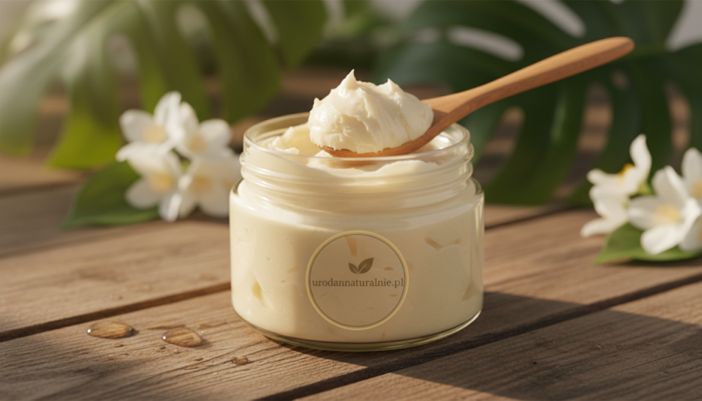 A close-up view of a rich, creamy shea butter jar, elegantly placed on a wooden surface. The background features soft, blurred green leaves and delicate floral elements, revealing a natural, soothing atmosphere. In the foreground, a small spoon is half-inserted into the jar, showcasing the smooth, velvety texture of the shea butter. Soft, natural lighting illuminates the scene, creating warm highlights and inviting shadows, emphasizing the product's nourishing qualities. Captivating, warm tones enhance the serene and calming mood, making the viewer feel the soothing effects of shea butter on dry skin. Include subtle branding elements to represent urodanaturalnie.pl, ensuring the image feels professional and inviting.