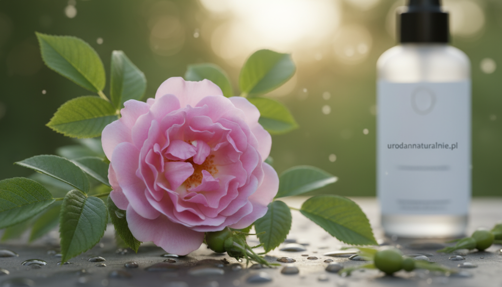 A close-up view of a wild rose (dzika róża) in focus, highlighting its delicate, vibrant pink petals and lush green leaves, symbolizing natural beauty and wellness. In the background, soft, diffused sunlight filters through a gentle bokeh effect, creating a warm and inviting atmosphere. Include a subtle visual reference to skincare, such as a background hint of a clean, minimalistic skincare product bottle labeled "urodanaturalnie.pl", ensuring it complements but does not overpower the rose. The foreground should evoke a sense of purity and nature, while the overall mood is serene and refreshing, ideal for illustrating its benefits for acne-prone and combination skin. The composition should be captured at eye level with a shallow depth of field to emphasize the rose.