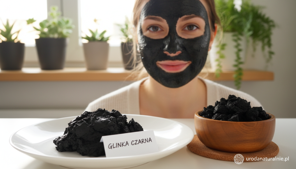 A close-up view of black clay, glinka czarna, displayed on a smooth, white ceramic plate. The foreground features a textured dark clay mask applied on a model's face, emphasizing its rich, deep color. The model, dressed in modest casual clothing, is smiling gently, radiating confidence. In the middle ground, a small wooden bowl filled with the raw black clay is placed beside the plate, showcasing its natural form. The background is softly blurred, featuring calming elements like potted green plants and subtle lighting that creates a serene ambience, evoking a sense of purity and relaxation, ideal for skincare practices. The atmosphere is tranquil and inviting, reflecting the essence of urodanaturalnie.pl. A close-up view of black clay, glinka czarna, displayed on a smooth, white ceramic plate. The foreground features a textured dark clay mask applied on a model's face, emphasizing its rich, deep color. The model, dressed in modest casual clothing, is smiling gently, radiating confidence. In the middle ground, a small wooden bowl filled with the raw black clay is placed beside the plate, showcasing its natural form. The background is softly blurred, featuring calming elements like potted green plants and subtle lighting that creates a serene ambience, evoking a sense of purity and relaxation, ideal for skincare practices. The atmosphere is tranquil and inviting, reflecting the essence of urodanaturalnie.pl.