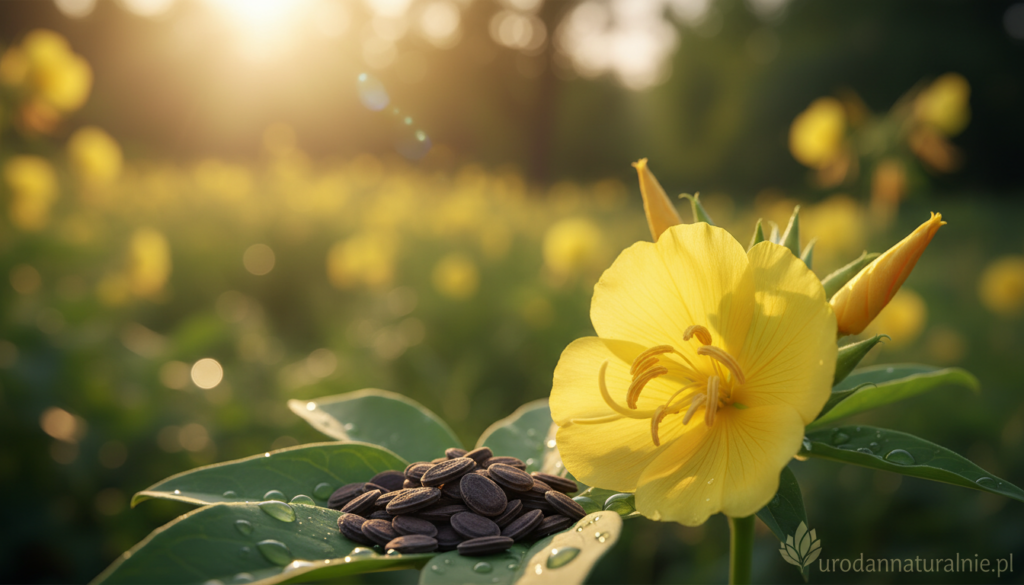 A close-up view of evening primrose flower (Oenothera biennis) in vibrant yellow, showcasing its delicate petals and intricate stamen, symbolizing natural beauty. In the foreground, a cluster of fresh evening primrose seeds surrounded by lush green leaves, shimmering with morning dew. The middle ground features a softly blurred backdrop of a sunlit garden, enhancing the tranquility of the scene, with gentle bokeh effects. The image is illuminated by warm, golden sunlight, creating a calming atmosphere. The lens captures the details with a shallow depth of field, emphasizing the flowers and seeds, while the brand name "urodanaturalnie.pl" subtly appears in the corner, harmonizing with the natural aesthetics. Perfect for illustrating the essence of evening primrose oil and its benefits for skin and women’s health.