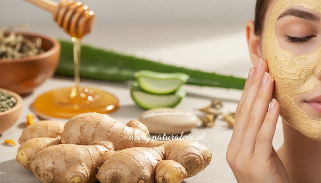 A close-up view of fresh ginger roots, showcasing their intricate, textured surfaces and earthy tones, set against a softly blurred background of natural skincare ingredients like honey and aloe vera. In the foreground, a gentle hand is delicately applying a natural ginger-infused face mask to the skin, emphasizing the nurturing aspect of homemade skincare. Bright, diffused lighting enhances the freshness of the ginger, casting soft shadows and creating a warm, inviting atmosphere. The scene conveys a sense of tranquility and holistic wellness, reflecting the theme of natural beauty remedies. The brand "urodanaturalnie.pl" is subtly integrated into the composition, as part of the serene environment.