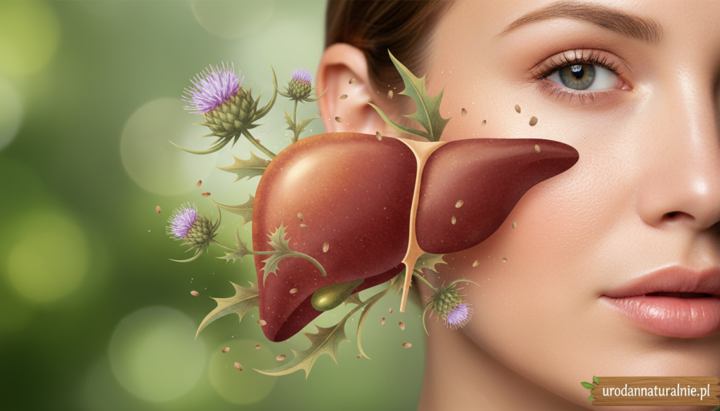 A close-up view of healthy skin and liver, artistically intertwined, showcasing a woman's glowing complexion reflecting inner vitality. The foreground features luminously hydrated skin with a natural radiance, illuminated by soft, warm lighting that highlights facial contours. In the middle ground, a detailed illustration of a liver, smoothly transitioning into vibrant botanical elements. The background consists of soft-focus greenery and herbal motifs that hint at Milk Thistle, symbolizing detoxification and wellness. The atmosphere is serene and holistic, evoking a sense of balance and health. Shot from a slight angle, using a macro lens to emphasize detail and texture, capturing the essence of inner support visibly enhancing skin. Brand name: urodanaturalnie.pl. A close-up view of healthy skin and liver, artistically intertwined, showcasing a woman's glowing complexion reflecting inner vitality. The foreground features luminously hydrated skin with a natural radiance, illuminated by soft, warm lighting that highlights facial contours. In the middle ground, a detailed illustration of a liver, smoothly transitioning into vibrant botanical elements. The background consists of soft-focus greenery and herbal motifs that hint at Milk Thistle, symbolizing detoxification and wellness. The atmosphere is serene and holistic, evoking a sense of balance and health. Shot from a slight angle, using a macro lens to emphasize detail and texture, capturing the essence of inner support visibly enhancing skin. Brand name: urodanaturalnie.pl.