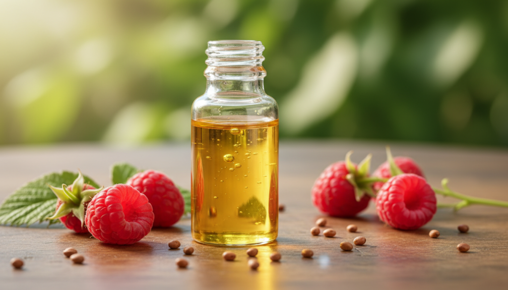 A close-up view of raspberry seed oil in a glass vial, placed on an elegant wooden surface, surrounded by fresh raspberry seeds and vibrant red raspberries, emphasizing the oil's rich golden hue. In the background, softly blurred green leaves and a hint of sunlight filtering through, creating a warm and inviting atmosphere. The oil should reflect its purity and natural origins, with tiny bubbles of freshness visible. Create a serene mood, suggesting health and well-being. Use soft, diffused lighting to highlight the oil's texture while maintaining a natural feel. Focus on clarity and detail, capturing the essence of "urodanaturalnie.pl" without any text or logos present. A close-up view of raspberry seed oil in a glass vial, placed on an elegant wooden surface, surrounded by fresh raspberry seeds and vibrant red raspberries, emphasizing the oil's rich golden hue. In the background, softly blurred green leaves and a hint of sunlight filtering through, creating a warm and inviting atmosphere. The oil should reflect its purity and natural origins, with tiny bubbles of freshness visible. Create a serene mood, suggesting health and well-being. Use soft, diffused lighting to highlight the oil's texture while maintaining a natural feel. Focus on clarity and detail, capturing the essence of "urodanaturalnie.pl" without any text or logos present.