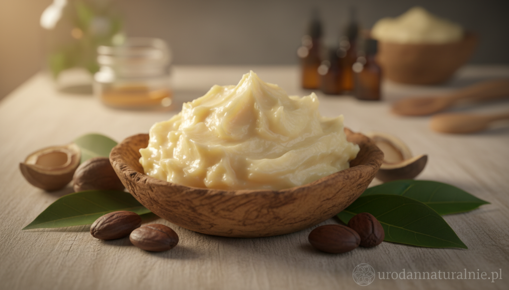 A close-up view of shea butter in its natural state, showcased in a rustic wooden bowl, surrounded by its raw components like shea nuts and green leaves. In the foreground, soft, warm lighting highlights the creamy texture of the shea butter, capturing its rich, buttery tones. The background features a subtle, blurred vignette of an eco-friendly workspace, suggesting a natural skincare setting. The atmosphere is serene and inviting, embodying the essence of holistic beauty. The logo "urodanaturalnie.pl" can be elegantly integrated into the scene as a soft watermark. The image aims to reflect the beneficial properties of shea butter, emphasizing its natural origins and luxurious quality.