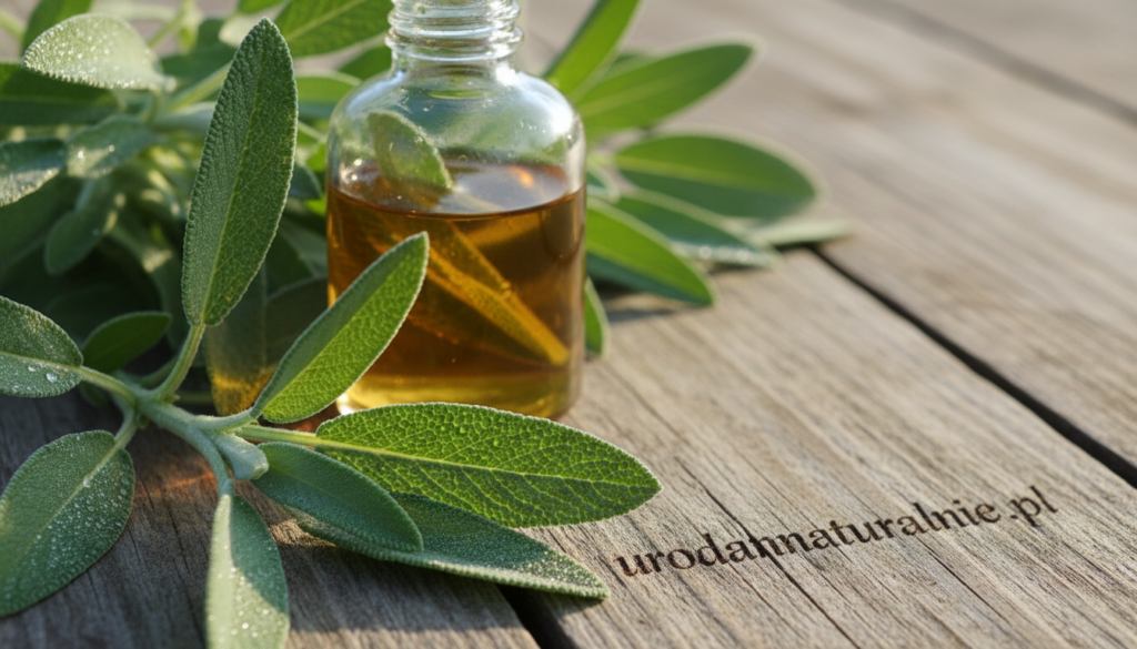 A close-up view of "szałwia lekarska" (salvia officinalis) plants, showcasing their lush, green leaves with a soft, dewy texture, symbolizing hair and scalp care. The foreground features vibrant salvia leaves glistening in morning sunlight, highlighting their medicinal properties. In the middle ground, a delicate glass bottle with a herbal infusion sits among the leaves, suggesting natural beauty remedies. The background is softly blurred with hints of a rustic wooden table, evoking a homey atmosphere. The overall mood is calming and refreshing, with bright, natural lighting emphasizing the freshness of the herb. The brand name "urodanaturalnie.pl" subtly integrated into the scene, representing natural skincare.