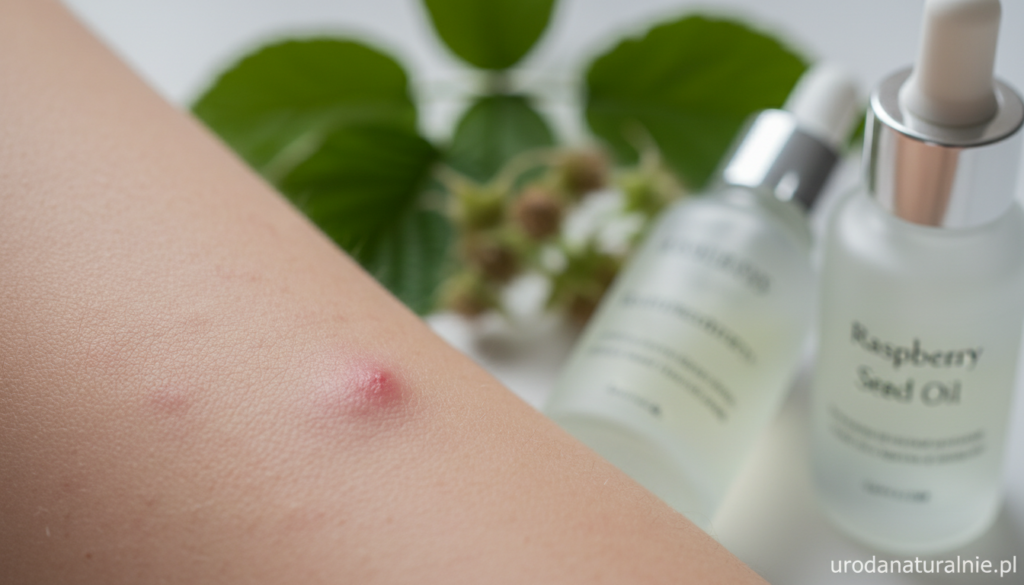 A detailed close-up of healthy skin affected by mild acne, showcasing various stages of the condition with small red spots and inflammation. The skin texture is visible, with natural light illuminating the area to highlight its details. In the background, a soothing and minimalist setting featuring hints of raspberry seed oil bottles and green leaves to suggest natural remedies. The atmosphere is calm and informative, evoking a sense of hope and healing. The shot is taken with a macro lens, focusing sharply on the skin while the background remains softly blurred. The brand name urodanaturalnie.pl appears subtly in the composition, reinforcing the theme of natural skincare solutions for acne and skin irritations. A detailed close-up of healthy skin affected by mild acne, showcasing various stages of the condition with small red spots and inflammation. The skin texture is visible, with natural light illuminating the area to highlight its details. In the background, a soothing and minimalist setting featuring hints of raspberry seed oil bottles and green leaves to suggest natural remedies. The atmosphere is calm and informative, evoking a sense of hope and healing. The shot is taken with a macro lens, focusing sharply on the skin while the background remains softly blurred. The brand name urodanaturalnie.pl appears subtly in the composition, reinforcing the theme of natural skincare solutions for acne and skin irritations.