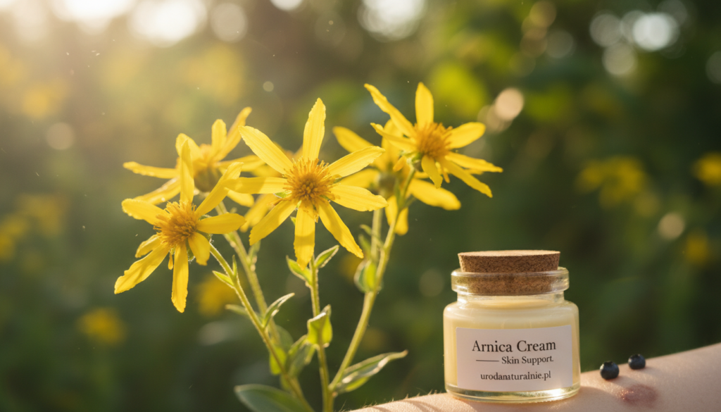 A detailed close-up of the vibrant yellow flowers of arnica montana, set against a softly blurred natural background of green foliage. The flowers should be depicted with crisp detail, showcasing their unique frilled petals and slender stems. In the foreground, a small glass jar of arnica-infused cream sits elegantly, suggesting its cosmetic applications for bruises and skin support. The lighting is warm and inviting, simulating golden hour sunlight filtering through leaves, creating a calming and organic atmosphere. A professional and serene ambiance is emphasized, drawing attention to the natural benefits of arnica. The overall mood should convey a sense of healing and natural wellness, suitable for an article on the topic of arnica montana, as sourced from urodanaturalnie.pl.