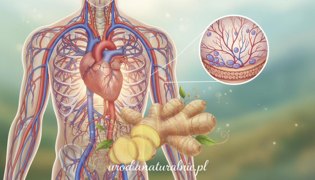 A detailed illustration of the human circulatory system emphasizing blood circulation, featuring a cross-section view highlighting arteries, veins, and capillaries. In the foreground, a transparent overlay of ginger root slices, showcasing its natural texture and color, symbolizes its health benefits. In the middle, a soft glow radiates from the heart area, indicating vitality and energy flow, while gentle gradients of red and blue create a sense of movement within the blood vessels. The background is subtly blurred to enhance focus on the circulatory system, with a peaceful, harmonious atmosphere. Warm, natural lighting gives the image a soothing feel. Rendered realistically, this image should align with the brand urodanaturalnie.pl, capturing the essence of natural health.