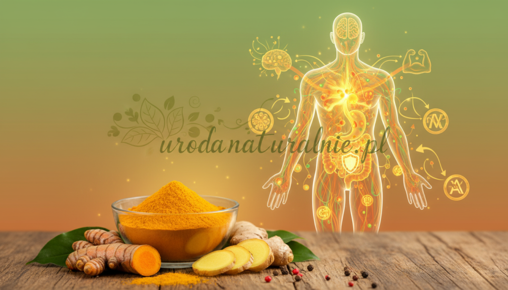 A detailed illustration of turmeric's mechanisms of action in the body, focusing on its natural health benefits. In the foreground, depict turmeric root and powder in a glass bowl, surrounded by herbal elements like ginger and green leaves. The middle ground includes an abstract representation of the human body, highlighting key areas where turmeric interacts at a cellular level. Use soft, warm lighting to create a cozy atmosphere, with a gentle gradient in the background blending earthy tones of orange and green, symbolizing vitality and health. The composition should suggest a sense of wellness and natural beauty, relevant to the theme of holistic health. Include the text "urodanaturalnie.pl" subtly integrated into the background design, maintaining a professional appearance.