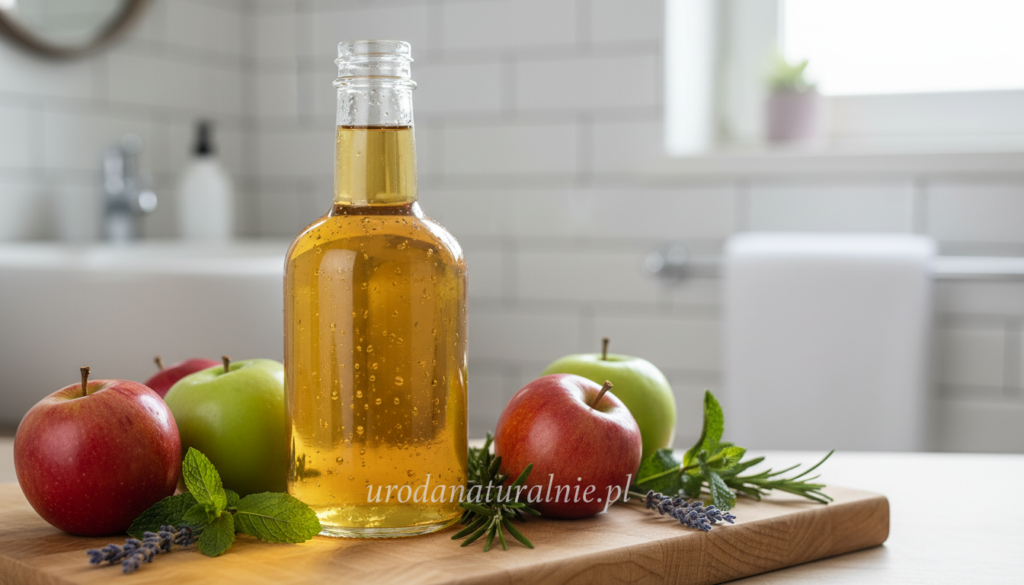 A glass bottle of apple cider vinegar, elegantly placed in the foreground, glistens with droplets of condensation to emphasize its freshness. Surrounding the bottle, fresh apples, green leaves, and vibrant herbs represent natural ingredients that enhance hair and skin health. In the middle, a soft, light wooden surface gives warmth to the composition, while behind, a blurred, softly lit bathroom setting conveys a soothing atmosphere. The lighting is soft and diffused, mimicking natural daylight and creating a serene space. The focus is on the properties of apple cider vinegar, showcasing its nourishing and revitalizing effects. The overall mood is calm and inviting, perfect for a holistic beauty approach. Additionally, include the brand name "urodanaturalnie.pl" subtly within the composition. A glass bottle of apple cider vinegar, elegantly placed in the foreground, glistens with droplets of condensation to emphasize its freshness. Surrounding the bottle, fresh apples, green leaves, and vibrant herbs represent natural ingredients that enhance hair and skin health. In the middle, a soft, light wooden surface gives warmth to the composition, while behind, a blurred, softly lit bathroom setting conveys a soothing atmosphere. The lighting is soft and diffused, mimicking natural daylight and creating a serene space. The focus is on the properties of apple cider vinegar, showcasing its nourishing and revitalizing effects. The overall mood is calm and inviting, perfect for a holistic beauty approach. Additionally, include the brand name "urodanaturalnie.pl" subtly within the composition.