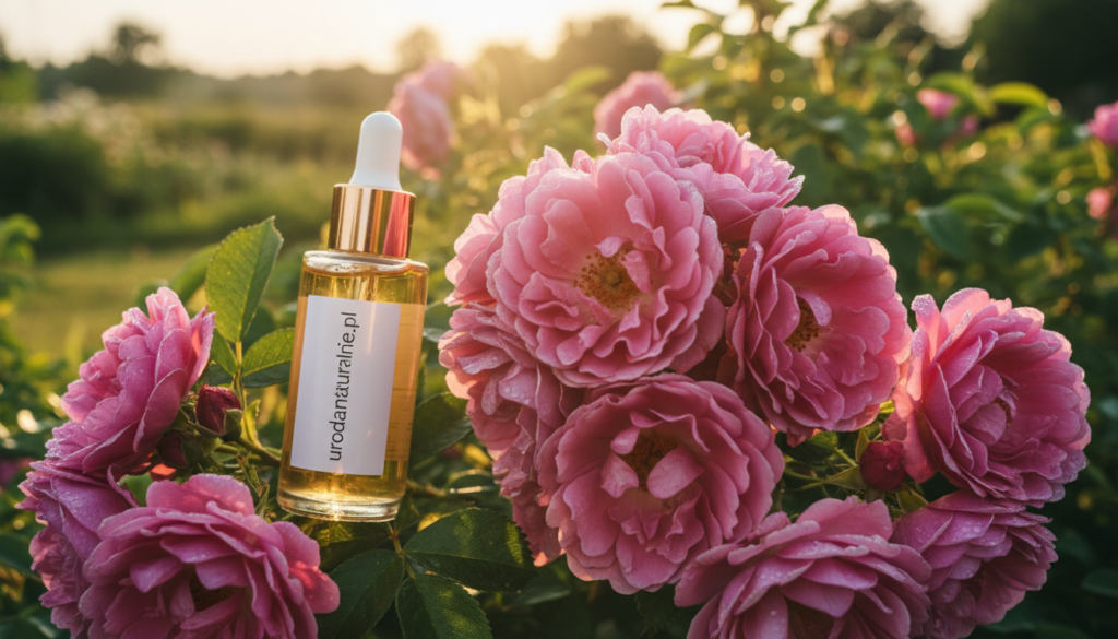 A lush, close-up composition featuring vibrant wild rose (dzika róża) blossoms in rich pink hues, displaying their delicate petals and a soft dewy sheen. In the foreground, a bottle of natural skincare serum labeled "urodanaturalnie.pl" sits elegantly beside the roses, reflecting the sun’s warm golden light. The mid-ground showcases lush green foliage, enhancing the roses' natural beauty, while the background features a softly blurred garden scene, suggesting a tranquil outdoor ambiance. The lighting is warm and inviting, creating an uplifting mood that emphasizes the restorative qualities of nature. The angle is slightly elevated, capturing the freshness and vibrancy of the wild rose, symbolizing support for mature skin and the quest for youthful radiance.