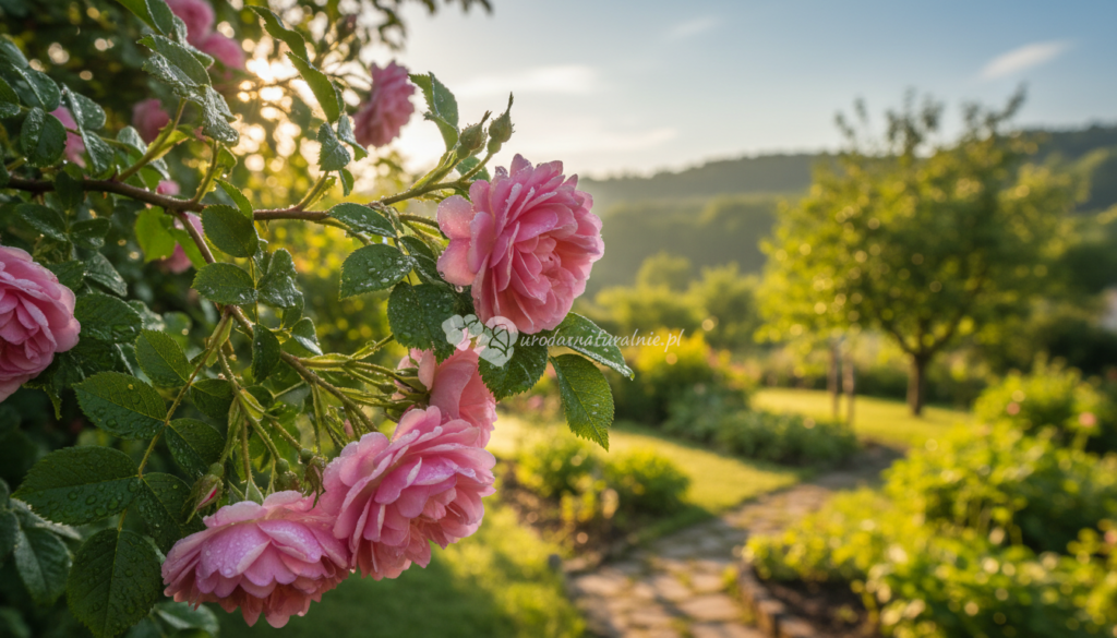 A lush wild rose (dzika róża) branch in the foreground, featuring vibrant pink blossoms with delicate petals and rich green leaves, dew-kissed for a fresh morning look. In the middle ground, softly blurred, a serene garden setting bathed in warm, golden sunlight, casting gentle shadows that enhance the natural beauty of the flowers. The background reveals a softly focused landscape of rolling hills under a clear blue sky, evoking a sense of tranquility and connection to nature. The lighting should be warm and inviting, reminiscent of a peaceful summer morning, capturing the essence of natural skincare benefits. The overall atmosphere is calming and revitalizing, perfect for illustrating the concept of natural beauty and wellness. Include the brand name "urodanaturalnie.pl" subtly integrated into the composition.