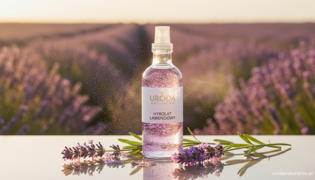 A serene and calming image of lavender hydrosol, elegantly displayed in a clear glass bottle atop a reflective surface. In the foreground, delicate lavender flowers are artistically arranged around the bottle, their vibrant purple hues contrasted against the lush green foliage. In the middle ground, a soft mist of lavender essence rises gently, harmonizing with the soothing atmosphere. The background features a softly blurred lavender field under a warm golden sunset, enhancing the tranquility of the scene. The lighting is warm and inviting, casting gentle shadows that create depth. This image should evoke a feeling of serenity and natural beauty, suitable for "urodanaturalnie.pl". A close-up shot with a slight tilt can draw attention to the texture of the bottle and the flowers, emphasizing the purity of the hydrolat.