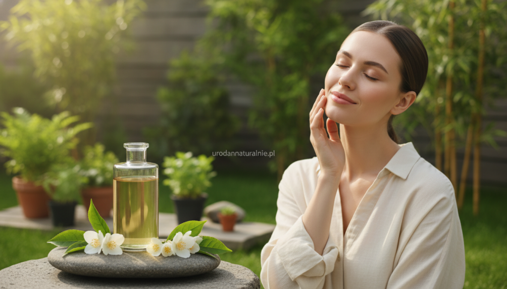 A serene and calming scene focusing on skin protection with elements of green tea. In the foreground, a clear glass bottle filled with green tea sits elegantly on a smooth stone surface, surrounded by lush green tea leaves and delicate jasmine blossoms. In the middle ground, a soft-focus image of a woman with glowing skin, dressed in modest casual clothing, gently touching her face while smiling. The background features a sunlit garden with hints of nature, showcasing plant life that symbolizes purity and environmental protection. Soft, natural lighting illuminates the scene, creating a warm and inviting atmosphere. The entire image embodies health, tranquility, and a fresh approach to skincare emphasizing the benefits of green tea, with the brand "urodanaturalnie.pl" subtly suggested through the aesthetic elements present.