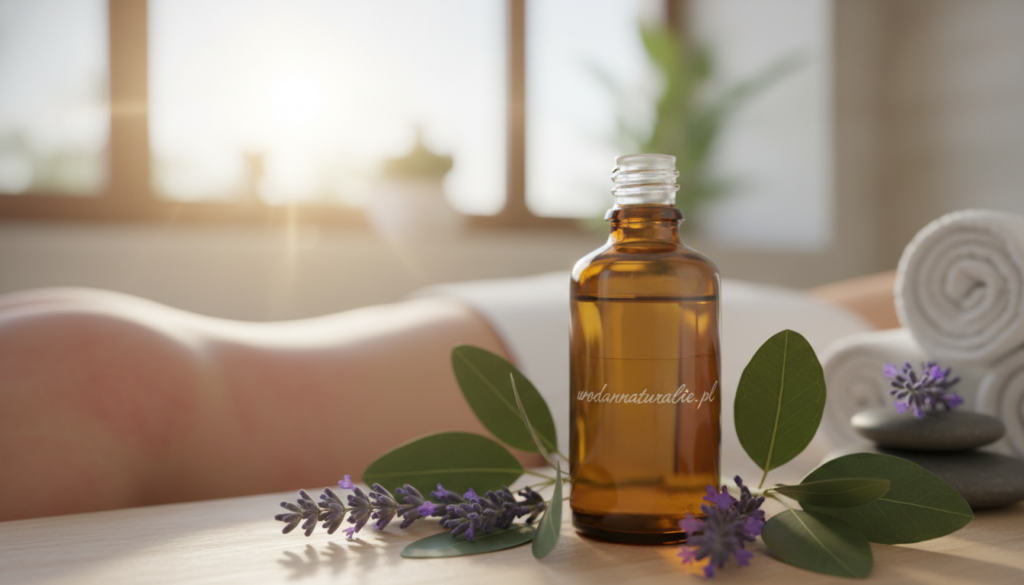 A serene and calming scene illustrating "stany zapalne," focusing on soothing and anti-inflammatory effects on the skin. In the foreground, showcase a close-up of a bottle of jojoba oil with elegant packaging, prominently featuring the brand name "urodanaturalnie.pl." Surround the bottle with gentle, flowing elements like soft green leaves and delicate lavender flowers to signify natural healing. In the middle ground, have a subtle hint of skin texture, depicting areas of redness and inflammation, beautifully contrasted against the tranquil ambiance. The background should be softly blurred, featuring a spa-like environment with warm, natural lighting that creates a peaceful atmosphere. Use a soft focus lens effect to enhance the mood, ensuring a deep sense of relaxation and healing associated with jojoba oil.
