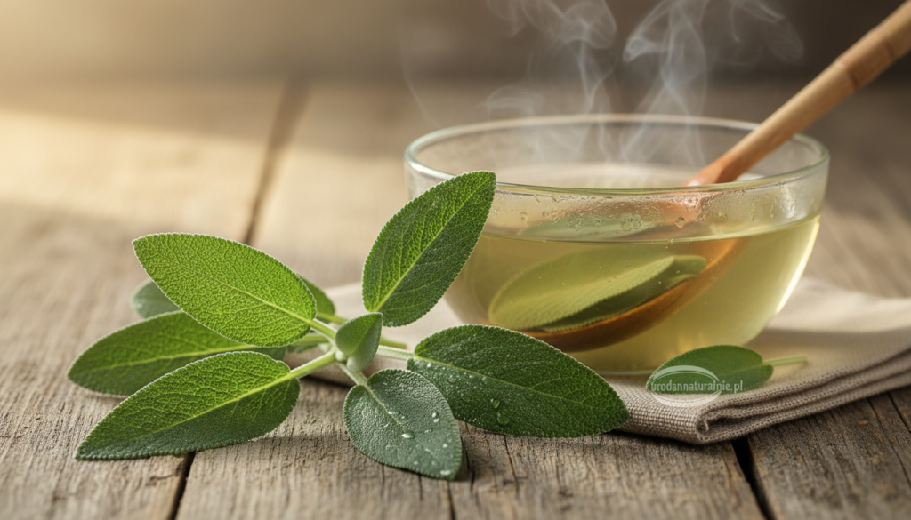 A serene and calming still life composition featuring fresh sage leaves, known for their benefits for oily hair, prominently displayed in the foreground. The sage leaves should appear lush and vibrant, glistening with dew. In the middle ground, a small glass bowl filled with herbal infusion made from sage sits, with steam gently rising to convey warmth and a sense of natural remedy. The background should be softly blurred, showcasing a rustic wooden table, giving an earthy, natural feel. The lighting is soft and warm, reminiscent of early morning sunlight, highlighting the textures of the leaves and the glass. The overall mood is soothing and inviting, emphasizing the home remedy aspect. Include a subtle logo of "urodanaturalnie.pl" integrated into the composition without distracting from the main visual elements.