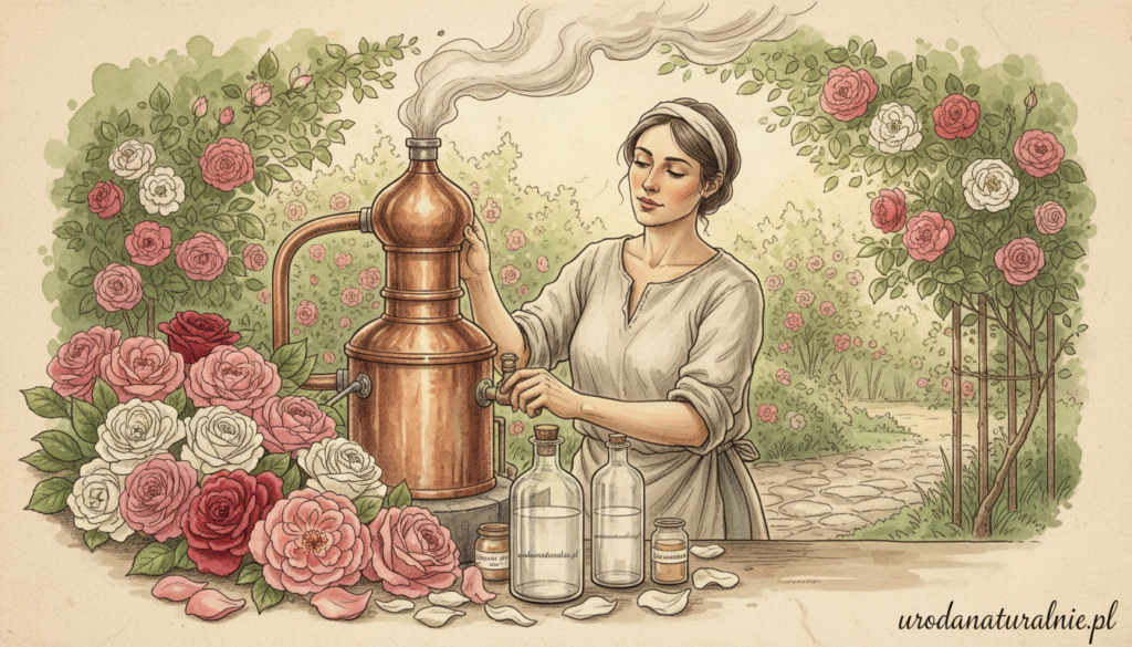 A serene and detailed illustration of the process of distilling rose water, highlighting a traditional copper still with steam rising gracefully. In the foreground, an artisan in modest casual clothing, carefully monitors the distillation process, their face illuminated by soft, warm lighting. The middle ground features vibrant rose petals, scattered elegantly around the still, hinting at their essential role in creating hydrolat. In the background, a lush garden filled with blooming rose bushes, bathed in dappled sunlight, sets a tranquil atmosphere. The overall composition conveys a sense of harmony and craftsmanship, with a focus on natural beauty and the artisanal tradition of rose water production, reflecting the essence of urodanaturalnie.pl.