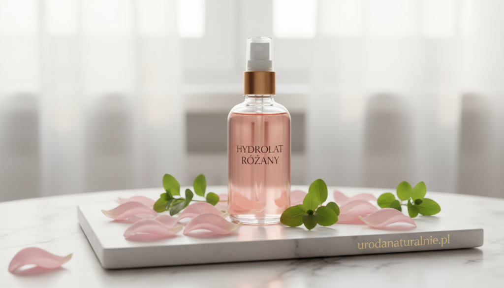 A serene and elegant image of a clear glass bottle containing "hydrolat różany" (rose hydrosol) resting on a soft, white marble surface. In the foreground, delicate pink rose petals are scattered next to the bottle, while a few sprigs of fresh green leaves add a touch of vibrancy. The middle ground features a softly glowing light reflecting off the glass, creating a warm and inviting atmosphere. In the background, a gentle blur of a sunlit window with sheer curtains enhances the tranquil mood. The overall color palette includes soft pastels with hints of gold, exuding a sense of luxury and natural beauty. The image should encapsulate the essence of daily skincare rituals, promoting a feeling of calm radiance. Include the brand name "urodanaturalnie.pl" in a subtle way within the composition.
