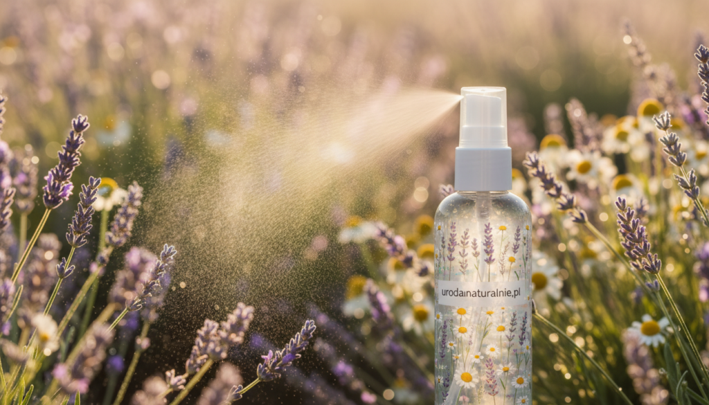A serene and elegant scene featuring a beautifully designed facial mist bottle labeled "urodanaturalnie.pl" prominently in the foreground. The bottle, with a delicate lavender and chamomile floral design, is set against a soft, blurred background of lavender fields and chamomile flowers swaying gently in the breeze. The lighting is warm and natural, capturing the golden hour glow that highlights the textures of the flowers and the sleek surface of the bottle. The composition includes a subtle mist being spray-dispersed from the bottle, creating a dreamy atmosphere, suggesting refreshment and hydration for problematic skin. The mood is calming and soothing, ideal for a wellness-focused aesthetic.