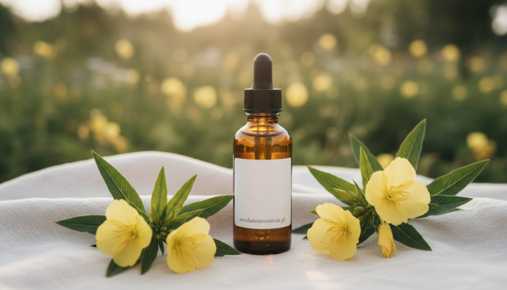 A serene and elegant still life featuring a glass bottle of evening primrose oil with a dropper, placed on a soft, natural linen cloth. In the foreground, delicate evening primrose flowers bloom, their yellow petals gently contrasting with the rich green leaves. The background softly blurs into a tranquil setting with subtle hints of nature, like a calm garden scene with warm sunlight filtering through, creating a cozy, inviting atmosphere. The lighting is soft and natural, highlighting the bottle's glossy surface and the texture of the cloth. The overall mood is soothing and nurturing, perfect for conveying the essence of skincare and feminine wellness. Include the brand "urodanaturalnie.pl" subtly in the scene, ensuring it remains a part of the product presentation without text overlays.