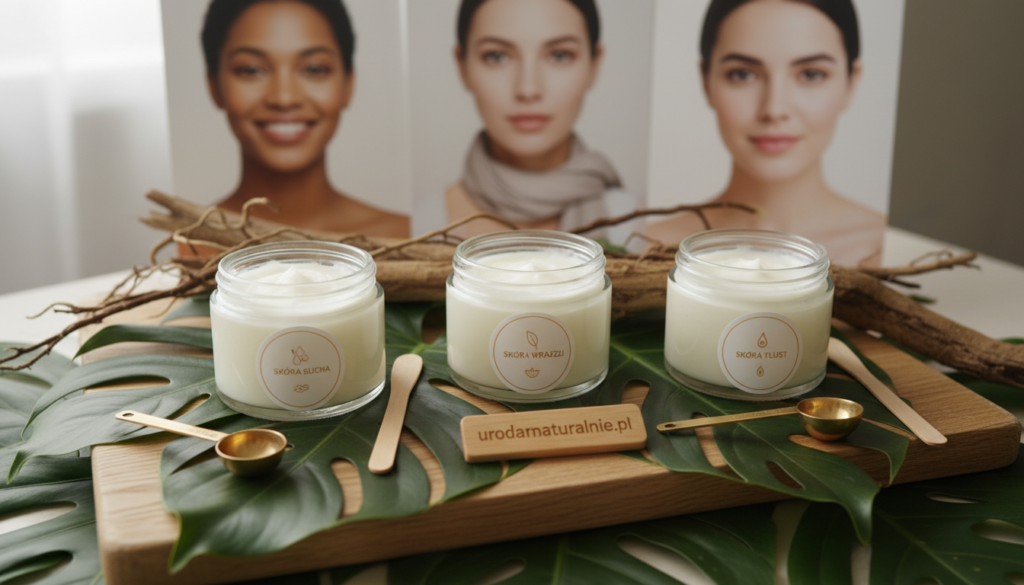 A serene and informative composition depicting a selection of shea butter products tailored for various skin types. In the foreground, showcase elegant glass jars containing creamy shea butter, labeled with different uses for dry, sensitive, and oily skin. In the middle, include a soft, natural backdrop of earthy textures—such as wooden surfaces and lush green leaves—to emphasize the organic nature of the products. Bright, diffused lighting creates a warm and inviting atmosphere. Add small, delicate tools like measuring spoons and wooden spatulas to suggest the personalized selection process. In the background, lightly blurred images of skin types (represented by diverse, modestly dressed individuals), harmonizing with the variety of shea butter formulations. Include the brand name “urodanaturalnie.pl” subtly integrated into the scene, reflecting a focus on quality and care for skincare choices.