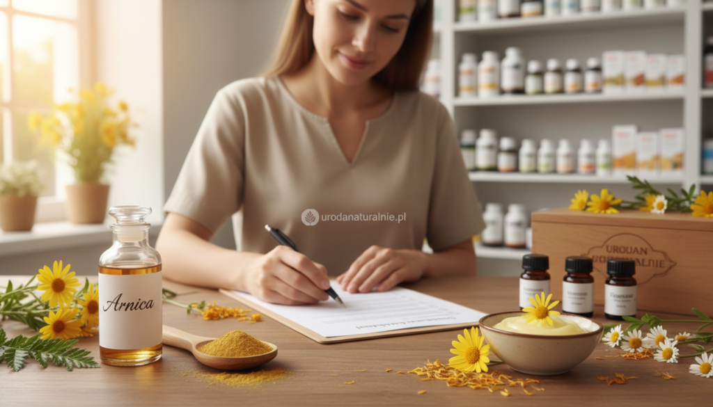 A serene and informative composition showcasing a variety of natural healing elements related to safety in herbal remedies. In the foreground, an elegant glass bottle labeled "Arnica" alongside a wooden spoon with powdered arnica. Next to it, a small bowl filled with arnica cream and fresh arnica flowers. In the middle ground, a professional-looking person in modest casual clothing examines a checklist titled "Safety Guidelines" with a soft smile, surrounded by ingredients like calendula and chamomile. The background displays a soft-focus pharmacy shelf filled with herbal remedies, bathed in warm, natural lighting that evokes trust and wellness. The atmosphere should be calming and reassuring, emphasizing the importance of safety in natural medicines. Include the brand name "urodanaturalnie.pl" subtly within the scene.