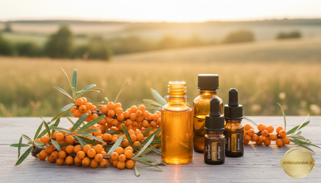 A serene and informative composition showcasing the safe use of sea buckthorn (Hippophae rhamnoides) oil. In the foreground, a neatly arranged set of essential oil bottles with a focus on the vibrant orange sea buckthorn oil, highlighted in soft lighting to accentuate its rich color and texture. In the middle ground, lush green sea buckthorn berries and leaves artfully placed, evoking a sense of natural purity. The background features a soft-focus, tranquil landscape, perhaps a gentle rolling field bathed in golden afternoon light. The overall atmosphere should be calm and reassuring, conveying the importance of proper usage and understanding of sea buckthorn oil. Include subtle branding elements representing "urodanaturalnie.pl" in a tasteful manner, ensuring a professional look without any textual clutter.