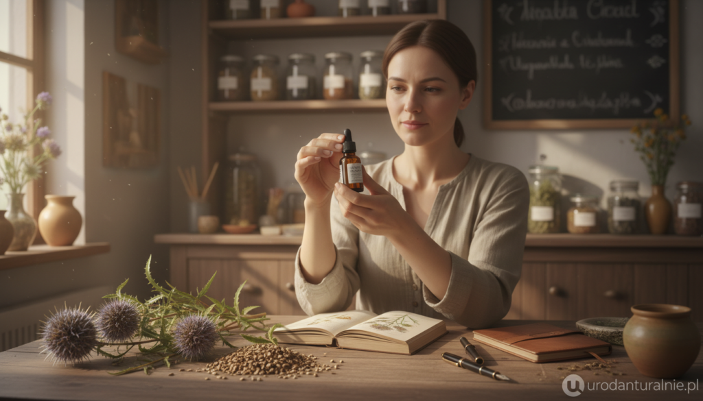 A serene and informative scene showcasing the safety and application of milk thistle (ostropest plamisty). In the foreground, a neatly arranged display of milk thistle seeds and leaves, highlighting their natural textures. In the middle ground, a professional, female herbalist in modest casual clothing examines a small bottle of milk thistle extract, symbolizing careful use. The background features a softly lit, calming herbal apothecary setting, with shelves of jars and dried herbs, evoking a sense of trust and safety. The lighting is warm, casting gentle shadows that enhance the overall tranquility of the scene. Add subtle elements like a notepad and a pen, suggesting careful documentation of safety considerations. Reflect the ethos of urodanaturalnie.pl with a holistic and health-conscious atmosphere. A serene and informative scene showcasing the safety and application of milk thistle (ostropest plamisty). In the foreground, a neatly arranged display of milk thistle seeds and leaves, highlighting their natural textures. In the middle ground, a professional, female herbalist in modest casual clothing examines a small bottle of milk thistle extract, symbolizing careful use. The background features a softly lit, calming herbal apothecary setting, with shelves of jars and dried herbs, evoking a sense of trust and safety. The lighting is warm, casting gentle shadows that enhance the overall tranquility of the scene. Add subtle elements like a notepad and a pen, suggesting careful documentation of safety considerations. Reflect the ethos of urodanaturalnie.pl with a holistic and health-conscious atmosphere.