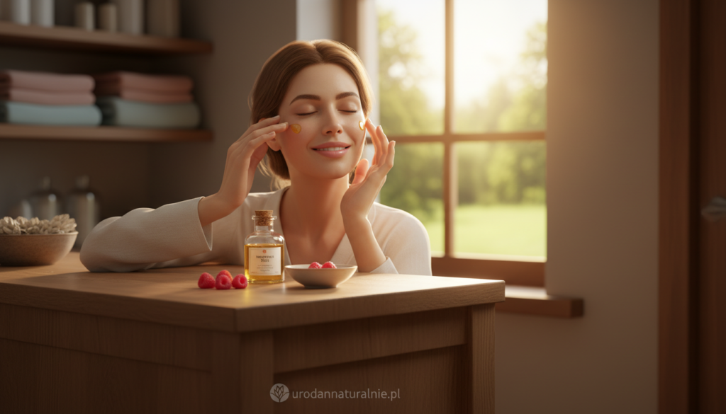 A serene and inviting bathroom setting featuring a wooden vanity with a small glass bottle of raspberry seed oil prominently displayed. In the foreground, a pair of gentle hands, wearing modest attire, are delicately applying the oil to the face of a smiling woman with glowing skin, reflecting a feeling of relaxation and self-care. Soft, warm lighting casts a soothing ambiance across the scene. In the middle, a few fresh raspberries and a small bowl of oil are arranged artistically, symbolizing the oil's natural origins. The background showcases soft pastel-colored towels and a calming window view with gentle sunlight streaming in, enhancing the tranquil atmosphere. The logo "urodanaturalnie.pl" subtly appears on the vanity, adding a touch of branding without overpowering the image's focus. A serene and inviting bathroom setting featuring a wooden vanity with a small glass bottle of raspberry seed oil prominently displayed. In the foreground, a pair of gentle hands, wearing modest attire, are delicately applying the oil to the face of a smiling woman with glowing skin, reflecting a feeling of relaxation and self-care. Soft, warm lighting casts a soothing ambiance across the scene. In the middle, a few fresh raspberries and a small bowl of oil are arranged artistically, symbolizing the oil's natural origins. The background showcases soft pastel-colored towels and a calming window view with gentle sunlight streaming in, enhancing the tranquil atmosphere. The logo "urodanaturalnie.pl" subtly appears on the vanity, adding a touch of branding without overpowering the image's focus.