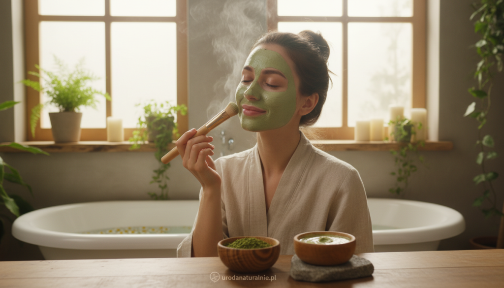 A serene and inviting bathroom setting where a woman is gently applying a green tea face mask, showcasing the concept of using green tea in daily skincare. In the foreground, focus on a small bowl filled with vibrant green tea leaves, alongside a soft brush, ready for application. The middle section features the woman, dressed in modest casual clothing, with a peaceful expression, applying the mask to her face. Subtle steam rises around her, creating a calming atmosphere. In the background, soft natural light filters through a window, illuminating a few potted plants and delicate candles, enhancing the overall tranquility of the scene. The image should evoke a sense of rejuvenation and peaceful self-care, ideal for promoting green tea’s external benefits. Incorporate elements that suggest the brand urodanaturalnie.pl through natural textures or colors.