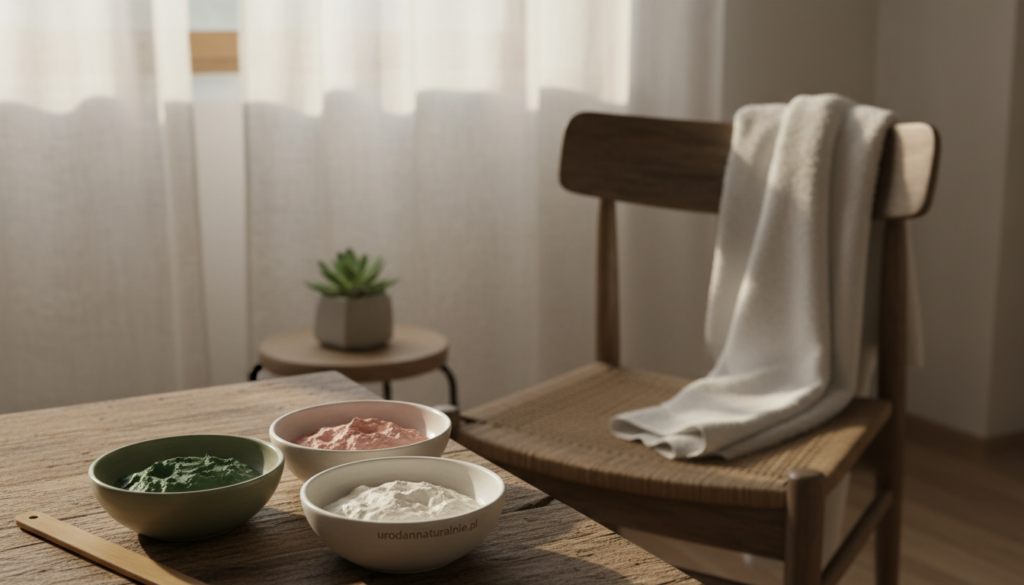 A serene and inviting home spa scene featuring various natural clay masks displayed elegantly on a wooden table. In the foreground, three bowls of green, white, and pink clay are artistically arranged, with a bamboo scoop beside them. The middle ground includes a soft, plush towel draped over a rustic wooden chair, alongside a small potted succulent plant for a touch of greenery. In the background, gentle sunlight filters through a sheer curtain, casting a warm, calming glow across the space. The atmosphere feels peaceful and rejuvenating, ideal for self-care. The brand name "urodanaturalnie.pl" is subtly incorporated into the design of one of the bowls. The overall mood is tranquil and inviting, encouraging relaxation and beauty. A serene and inviting home spa scene featuring various natural clay masks displayed elegantly on a wooden table. In the foreground, three bowls of green, white, and pink clay are artistically arranged, with a bamboo scoop beside them. The middle ground includes a soft, plush towel draped over a rustic wooden chair, alongside a small potted succulent plant for a touch of greenery. In the background, gentle sunlight filters through a sheer curtain, casting a warm, calming glow across the space. The atmosphere feels peaceful and rejuvenating, ideal for self-care. The brand name "urodanaturalnie.pl" is subtly incorporated into the design of one of the bowls. The overall mood is tranquil and inviting, encouraging relaxation and beauty.