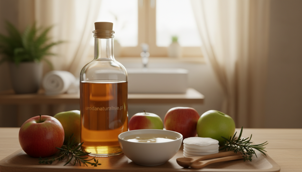 A serene and inviting image showcasing a bottle of apple cider vinegar prominently in the foreground, surrounded by fresh apples and sprigs of herbs, emphasizing a natural and organic feel. In the middle ground, display a small bowl filled with a mixture of water and vinegar, along with wooden measuring spoons and cotton pads. The background should include a soft-focus view of a sunlit bathroom setting, with light filtering through sheer curtains, enhancing the atmosphere of relaxation and self-care. Use a warm color palette to evoke a calming mood. Ensure all items appear clean and well-presented, reflecting a professional and wholesome approach to beauty routines. Include the brand name "urodanaturalnie.pl" subtly in the composition. A serene and inviting image showcasing a bottle of apple cider vinegar prominently in the foreground, surrounded by fresh apples and sprigs of herbs, emphasizing a natural and organic feel. In the middle ground, display a small bowl filled with a mixture of water and vinegar, along with wooden measuring spoons and cotton pads. The background should include a soft-focus view of a sunlit bathroom setting, with light filtering through sheer curtains, enhancing the atmosphere of relaxation and self-care. Use a warm color palette to evoke a calming mood. Ensure all items appear clean and well-presented, reflecting a professional and wholesome approach to beauty routines. Include the brand name "urodanaturalnie.pl" subtly in the composition.