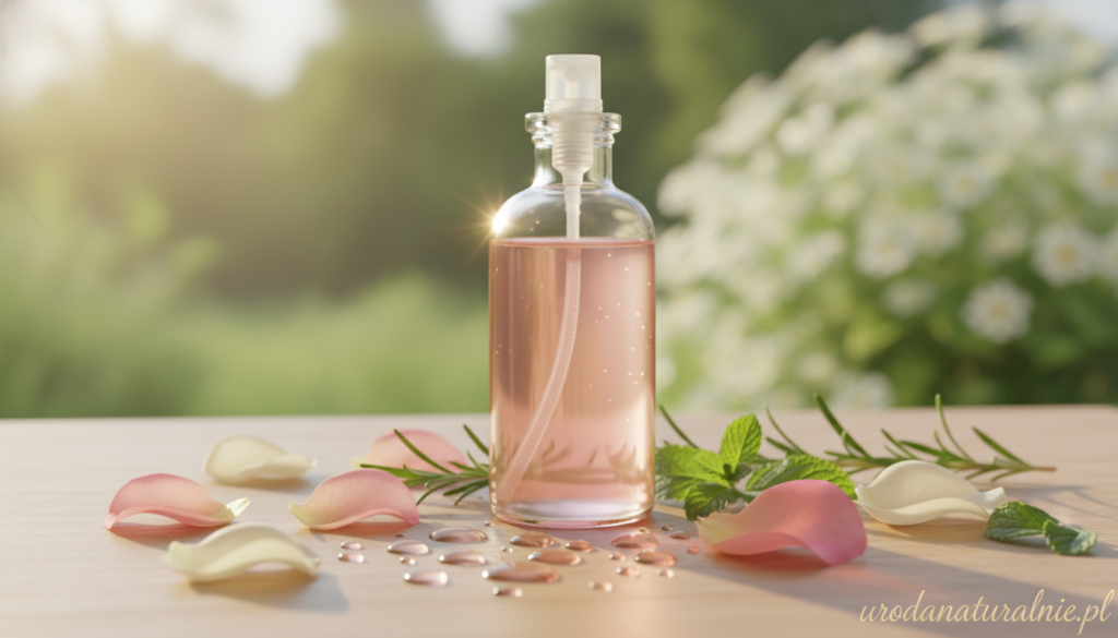 A serene and inviting image showcasing a glass bottle of organic rose hydrolat elegantly placed on a wooden vanity table. In the foreground, soft droplets of hydrolat are glistening on the surface, reflecting natural light. Surrounding the bottle are delicate rose petals and small sprigs of fresh herbs, creating a harmonious balance with nature. The middle ground features a beautifully blurred background with soft-focus greenery, suggesting a lush garden. The atmosphere is calming and fresh, evoking feelings of relaxation and rejuvenation, perfect for skincare. The lighting is warm, with a soft golden hue emphasizing the beauty of the product. Add subtle branding for "urodanaturalnie.pl" in the corner, ensuring it blends seamlessly into the aesthetic.